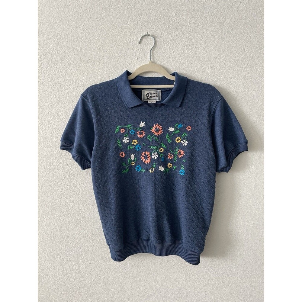 Blast Blues Floral Collared Top Women's P Vintage 80s Embroidered Preppy Y2K